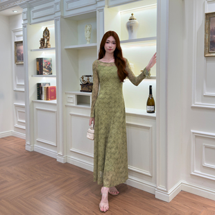 255法式碎花网纱长袖连衣裙女装2026春季小众新款收腰显瘦长裙