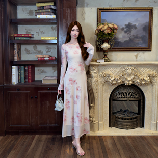 小众新款 286法式 2026春季 连衣裙女装 收腰显瘦长裙 碎花网纱长袖