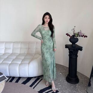 2026春季长袖气质印花常规长款高弹力长裙印花修身连衣裙碎花414
