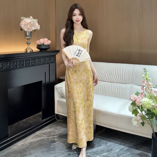 2026夏季新中式无袖连衣裙收腰显瘦斜裁碎花新款长裙725-754