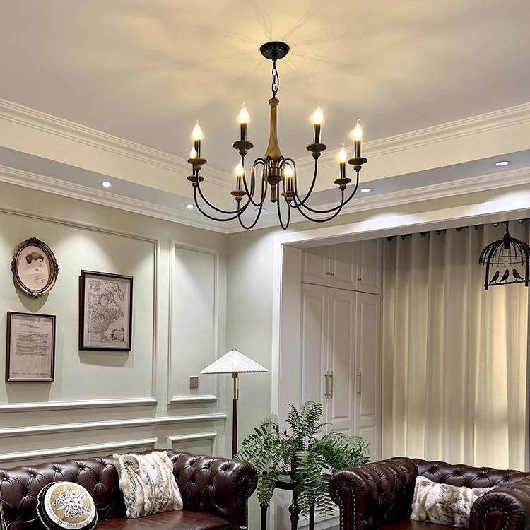 美式复古吊灯客厅卧室餐厅灯法式乡村民宿实木蜡烛灯广东中山灯具