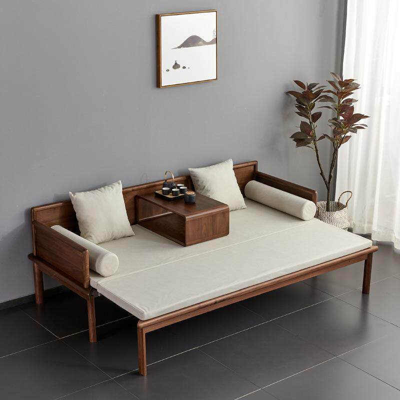 北美黑胡桃木推拉沙发新中式罗汉床简约日式客厅全实木伸缩沙发床