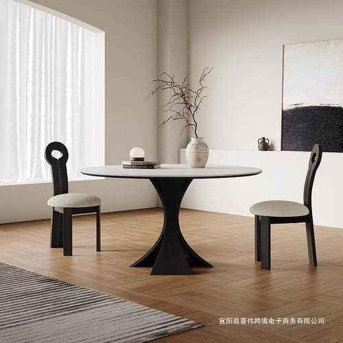 纯白岩板餐桌法式复古1.2米圆桌轻奢现代6人圆形北欧实木意式餐桌