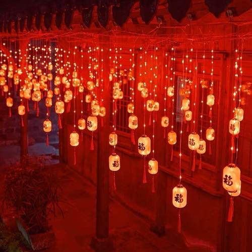 新款太阳能福字灯串小红灯笼春节新年小彩灯装饰阳台户外庭院挂饰