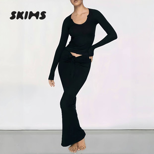 lounge系列罗纹莫代尔抽绳褶皱半裙包裙半身裙女 soft Skims hire