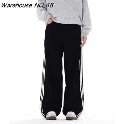 NO48巴黎风高街三条杠拼接牛仔裤