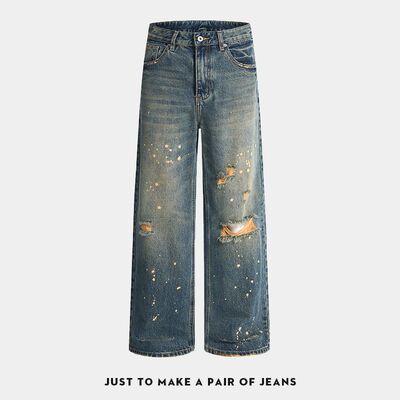 美式复古水洗做旧破洞牛仔裤