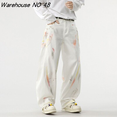 NO48巴黎风高街涂鸦弯刀牛仔裤