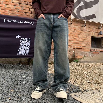 美式复古高街潮牌宽松直筒牛仔裤