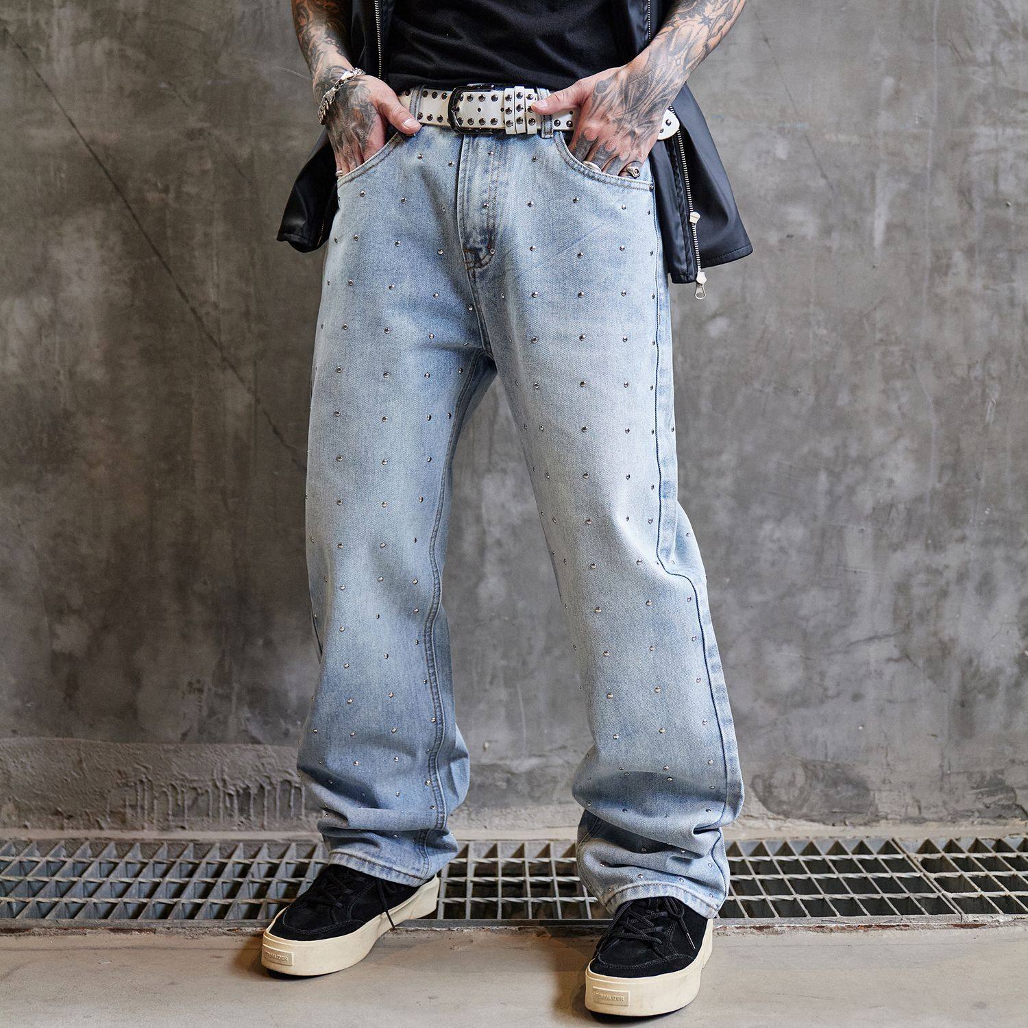 No48巴黎风美式复古烫钻牛仔裤男