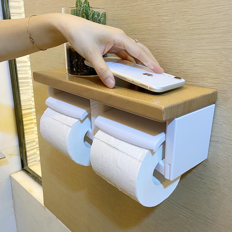 j8置物架黑胡桃打孔壁挂免实木榉木双卫生间纸巾盒卷纸架厕所纸g3