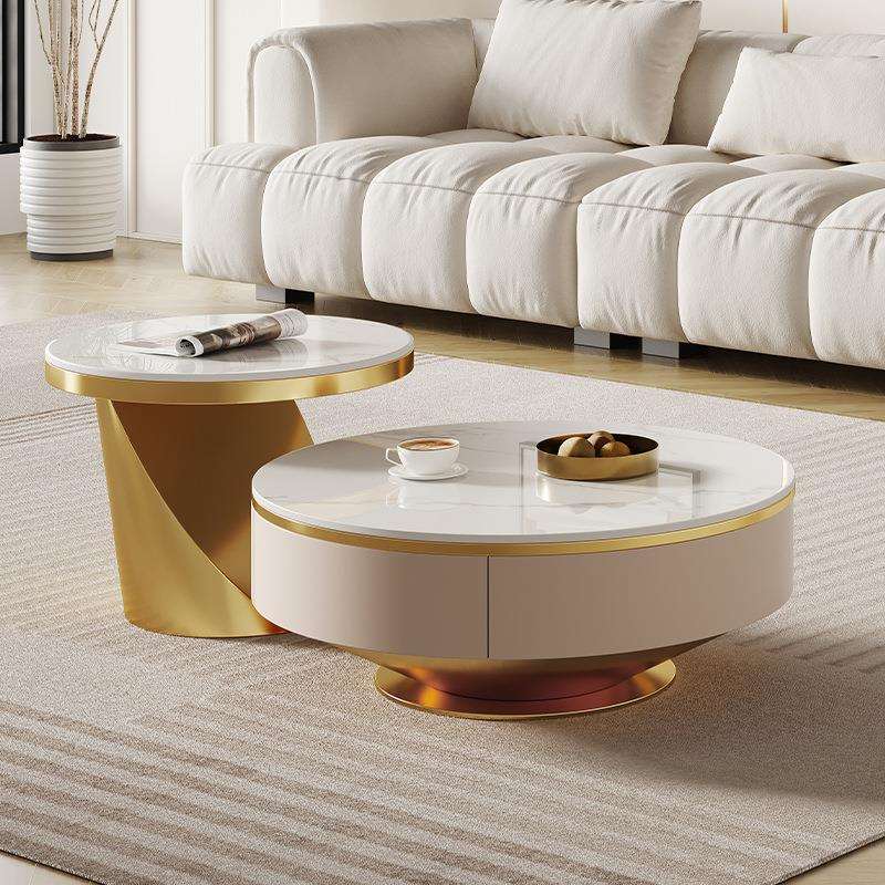 意式轻奢岩板大小圆形茶几带抽屉创意设计师家用现代简约客厅桌子