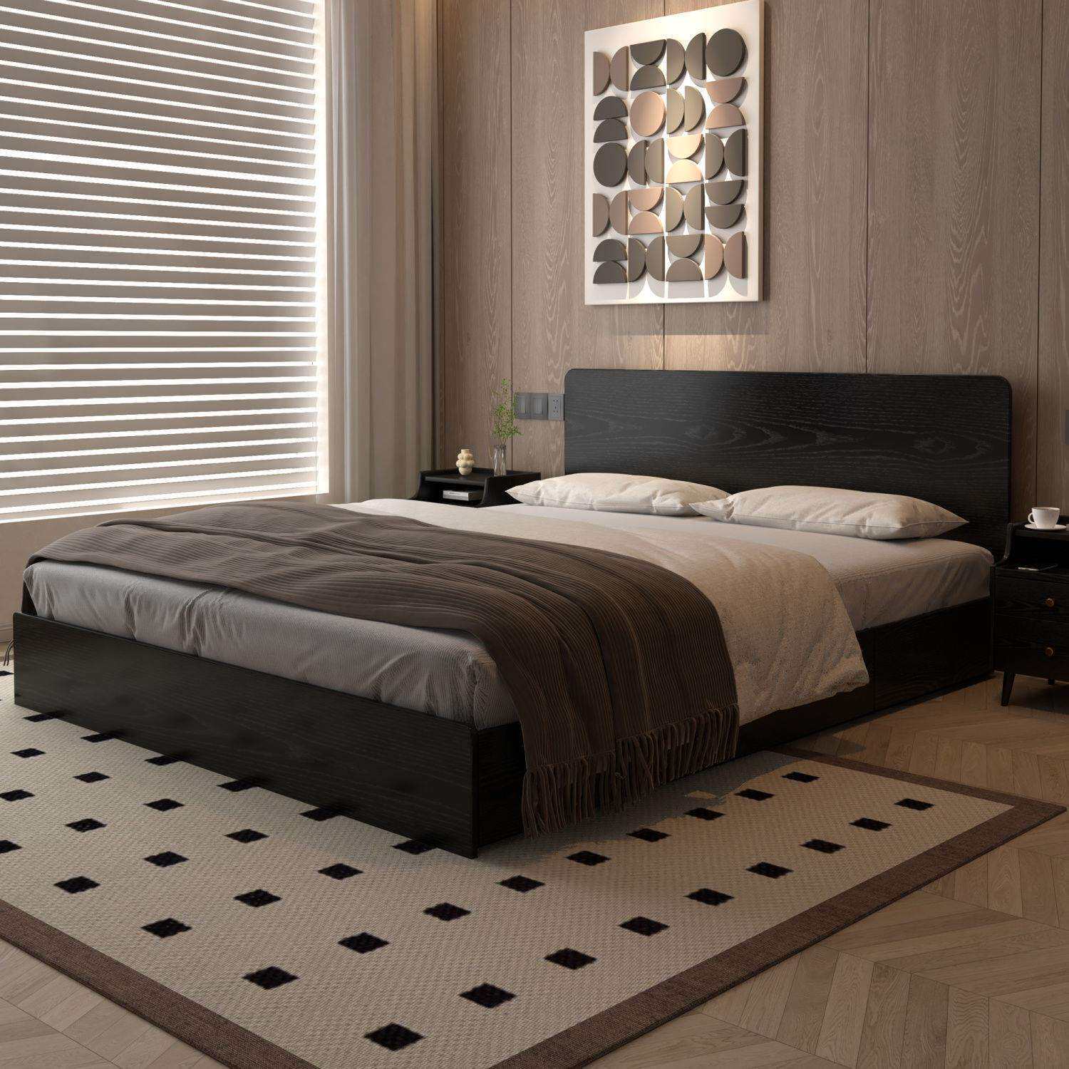 全实木床橡木高箱床1米5简约现代1米8主卧室双人气压箱体齐边黑色