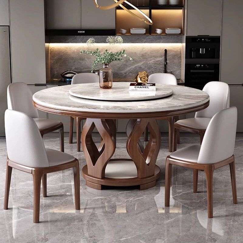 实木高端岩板餐桌椅组合现代简约小户型圆形家用圆桌带转盘饭桌子