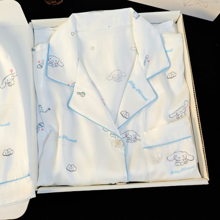 夏季新款玉桂狗真丝睡衣女带胸垫甜美风三件套春秋长袖送女生礼盒