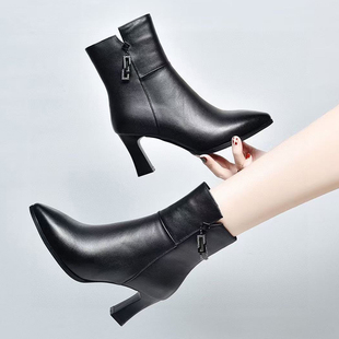 真皮短靴2025年秋冬加绒新款牛皮软皮高跟中筒靴皮靴马丁靴妈妈鞋