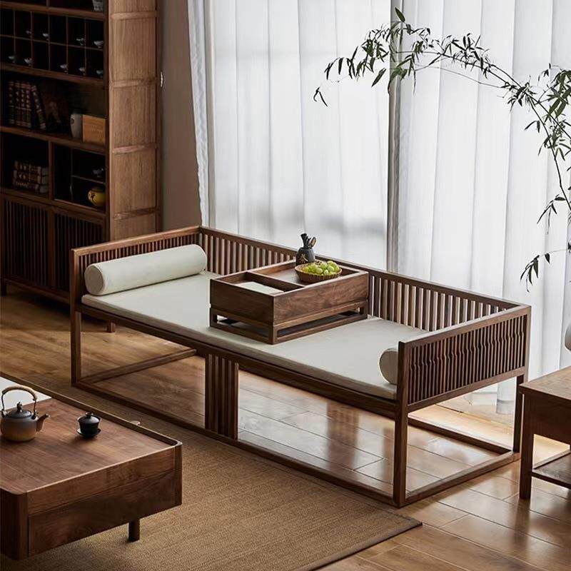 新中式罗汉床小户型北美黑胡桃木家用推拉实木沙发家具客厅沙发榻