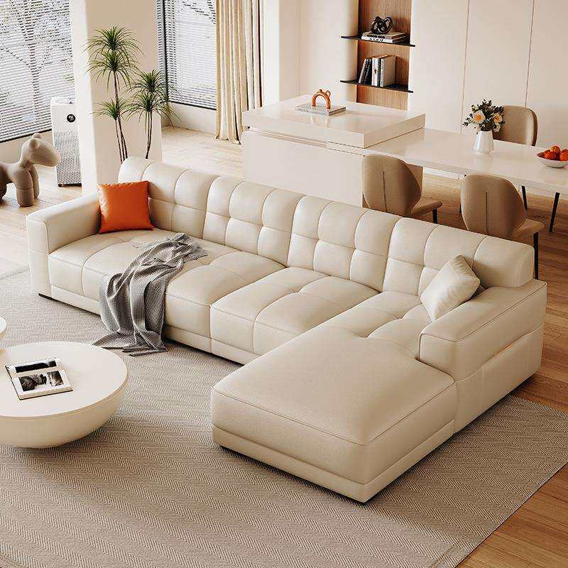 奶油风软体皮艺沙发小户型直排式沙发客厅转角贵妃猫抓皮沙发组合