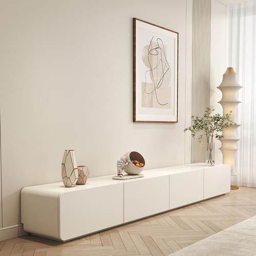 奶油风的电视柜茶几组合现代简约实木圆角客厅家用白色落地电视柜