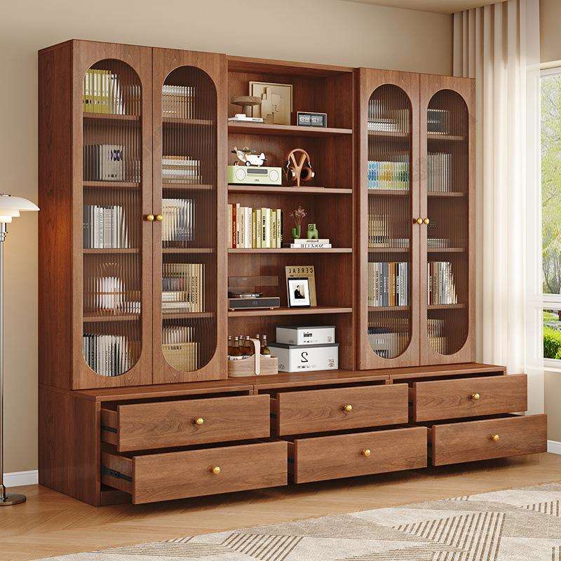 实木卡座书柜一体整墙客厅家用落地立式靠墙储物柜子玻璃门收纳柜