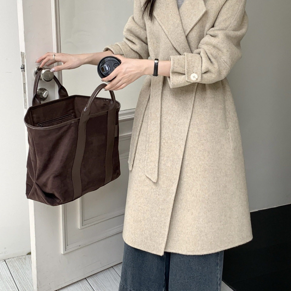 秋冬新款女长袖韩版宽松大翻领双毛呢外套