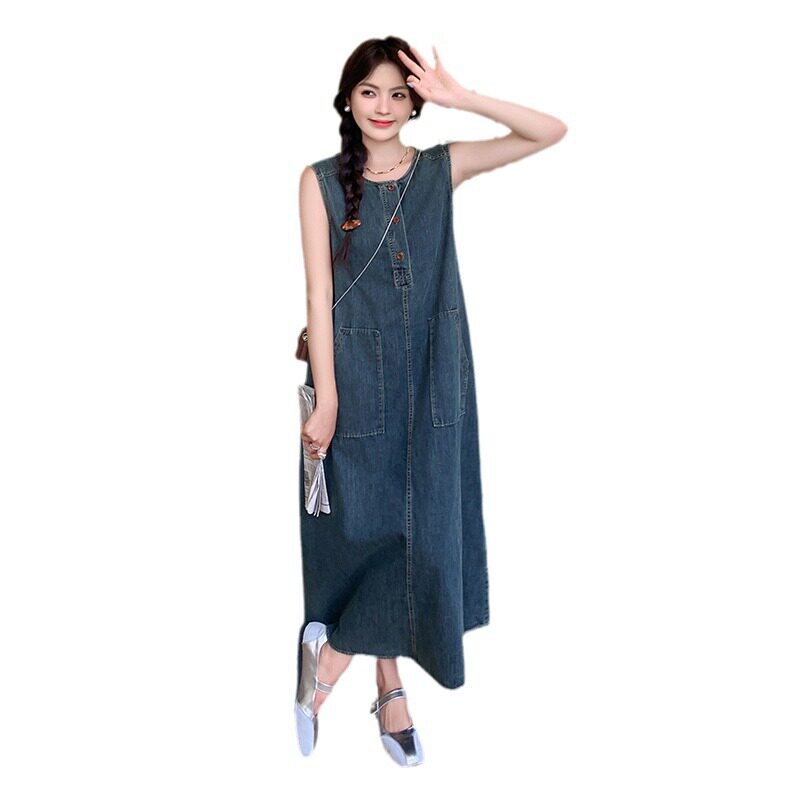 韩系牛仔背带连衣裙女2025夏新款无袖背心单排扣长裙复古大口袋裙