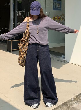 【老板痛哭】APS秋冬款高腰翻盖口袋防掉色牛仔裤复古阔腿牛仔裤