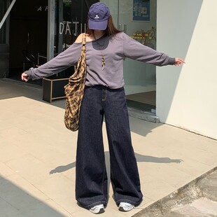 【老板痛哭】APS秋冬款高腰翻盖口袋防掉色牛仔裤复古阔腿牛仔裤