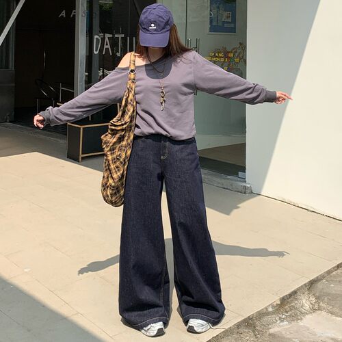 高腰翻盖口袋防掉色牛仔裤