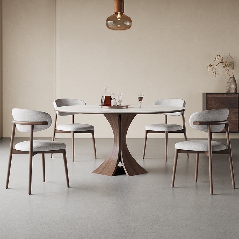 意式极简实木餐桌家用圆形带转盘现代小户型纯白哑光岩板餐桌