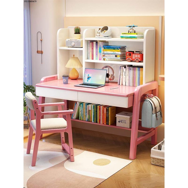 新疆带书架儿童学习桌子学生实木书桌小孩子可升降家用课