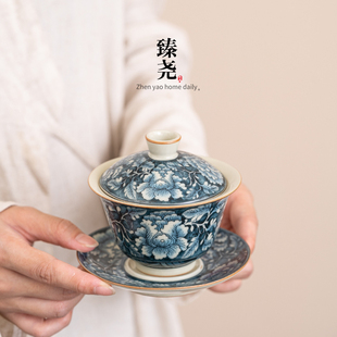 汝窑三才盖碗繁花复古陶瓷功夫茶具家用单个高档防烫手泡茶碗茶杯