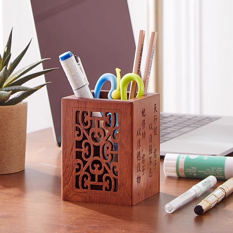 实木笔筒复古中国风乌檀木笔桶创意时尚办公室摆件刻字定制logo