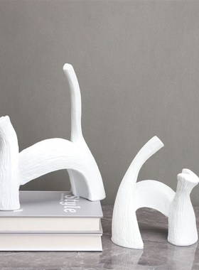 新中式白色条纹艺术猫样板房售楼部卧室书房客厅桌面玄关饰品摆件