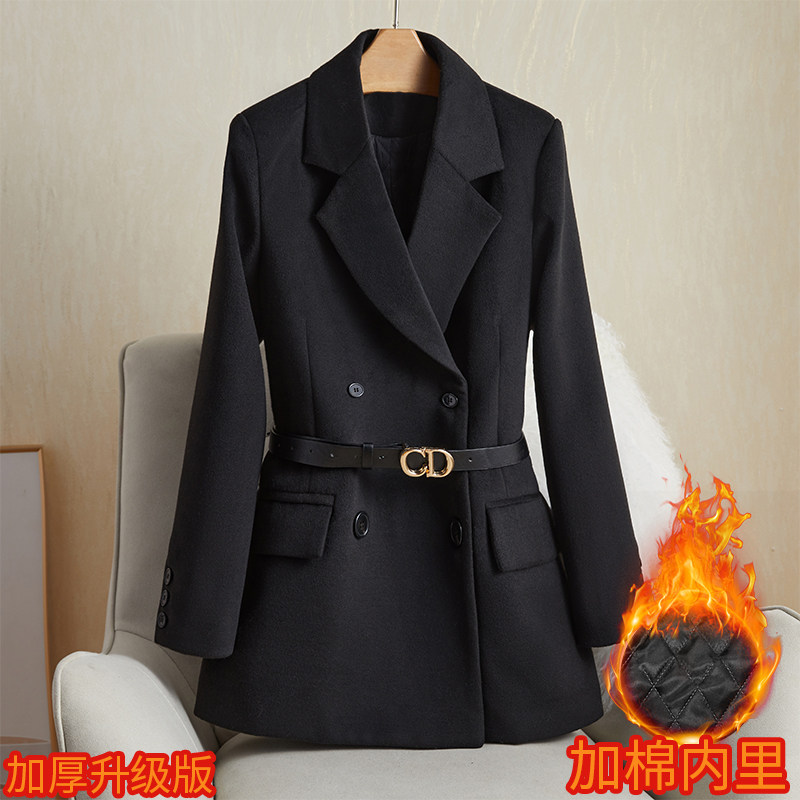 毛呢西装外套女英伦风设计师款2021冬季新款加棉呢子大衣配腰带