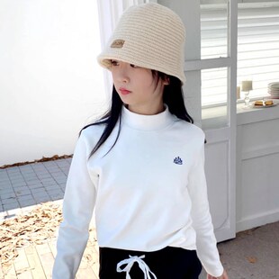 新款秋冬加绒女童打底衫中高领纯棉长袖t恤保暖儿童厚实上衣T白色