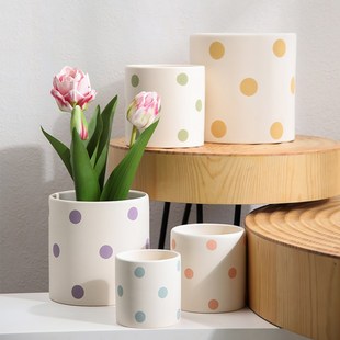 圆柱形纯手工刻印波点陶土素胚花盆透气吸水带托盘蝴蝶兰绿箩盆栽