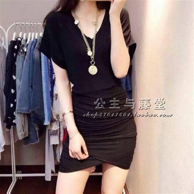 藤堂家大码女装,V领低胸露肩包臀抽褶蝙蝠袖性感修身显瘦连衣裙