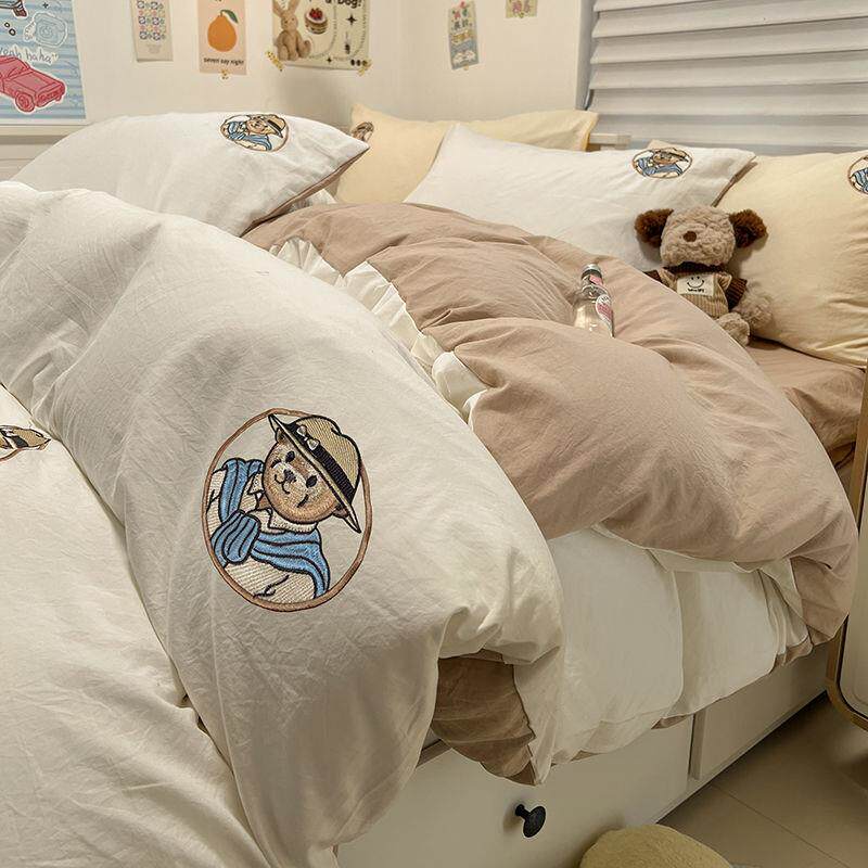 小熊被套床单四件套卡通被罩水洗棉床上三件套非全棉宿舍床品被单