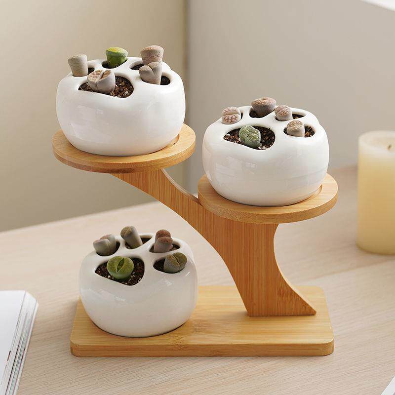 北欧简约多肉陶瓷桌面花盆生石花绿植盆栽置物放花置物架家用办公