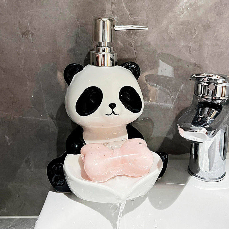 创意熊猫乳液瓶两用皂盒二合一洗发水沐浴露洗手液陶瓷按压分装瓶