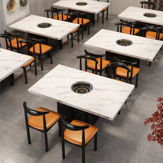 火锅电磁炉一体桌子仿大理石纹燃气灶餐饮商用饭店桌椅火锅桌组合