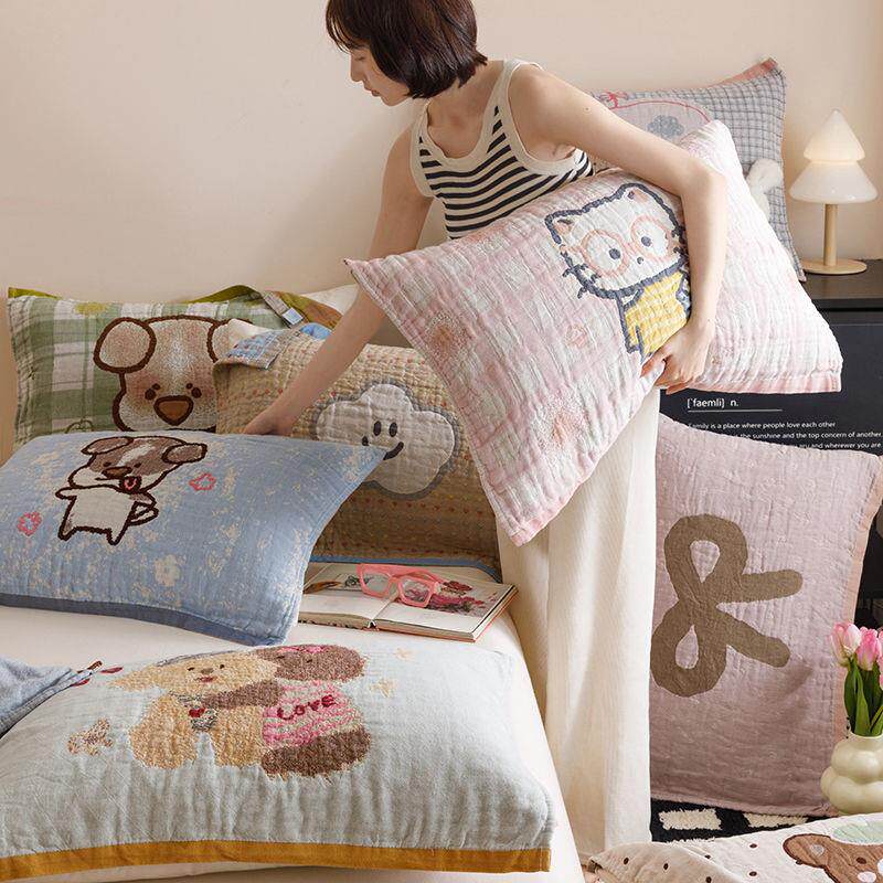 全棉枕巾纯棉一对装卡通猫咪柔软透气防头油四层纱布枕头垫巾家用