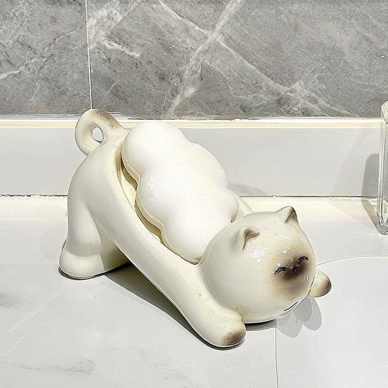 卡通猫咪陶瓷肥皂盒浴室创意新款卫生间可爱香皂盒置物架打孔沥水