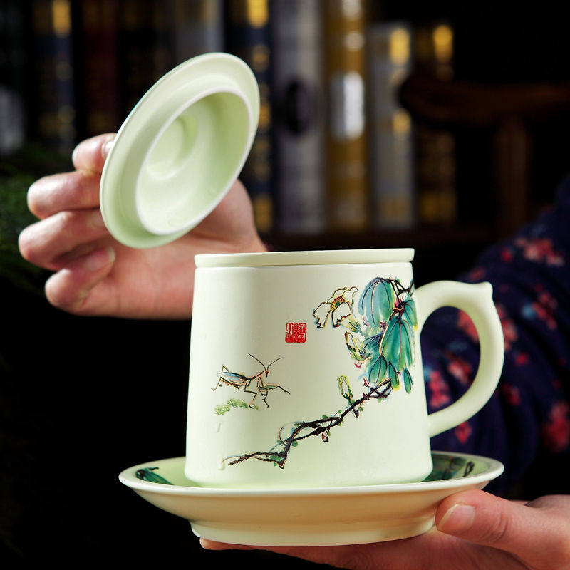 高档陶瓷茶杯带盖 景德镇过滤办公杯四件套水杯自在杯礼品杯子