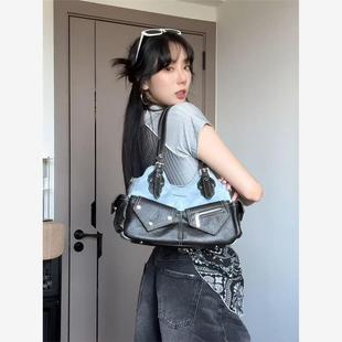 小众设计复古撞色牛仔拼接单肩腋下手提斜挎包包女