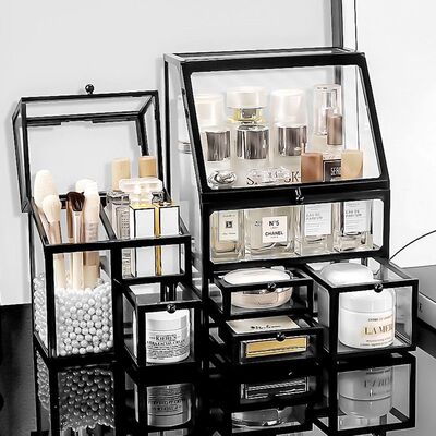 玻璃化妆品收纳盒轻奢高级感梳妆台护肤品香水口红置物架透明防尘