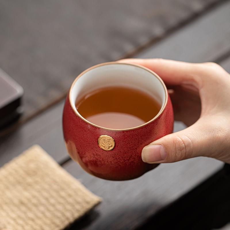 红色喜字茶杯手工描金大