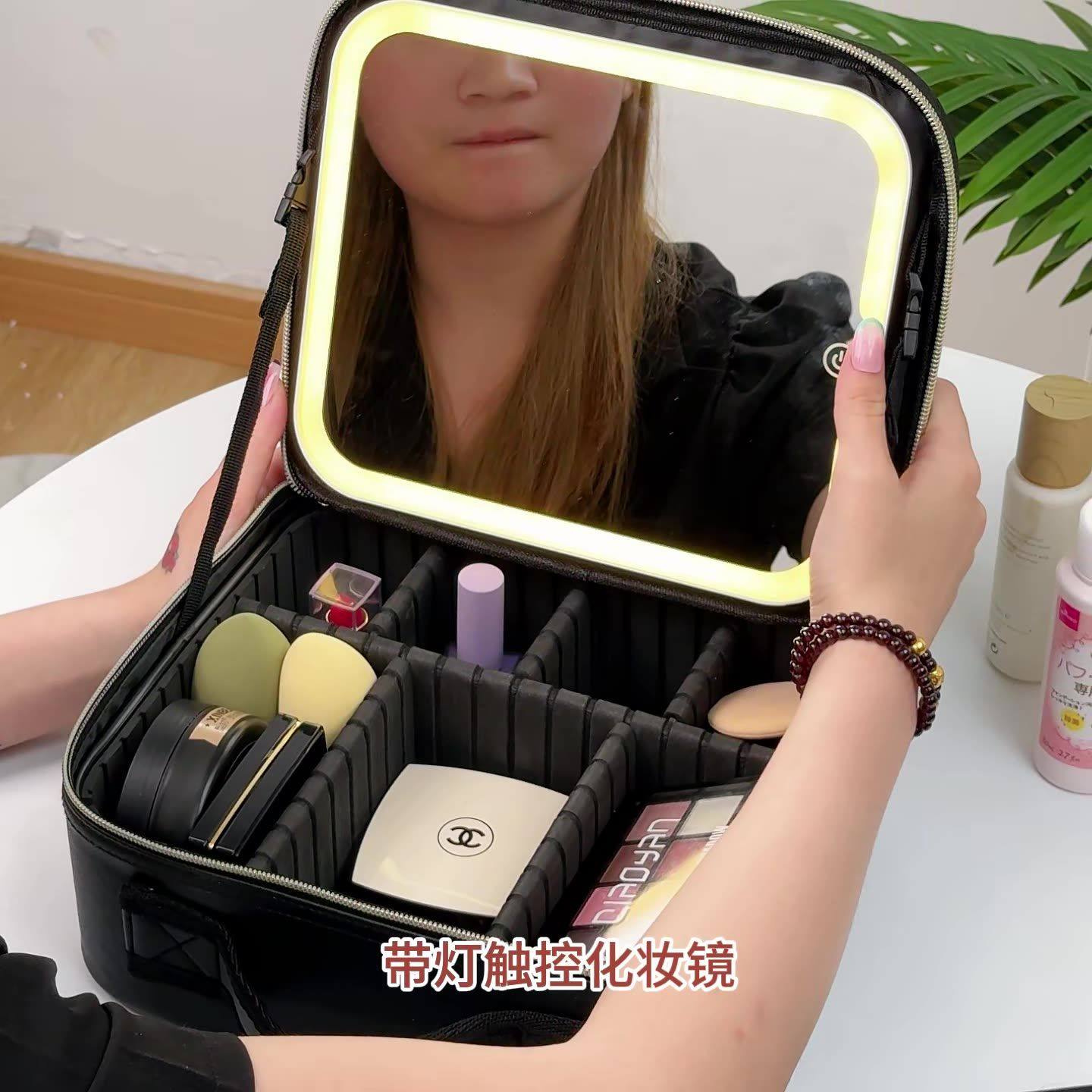 LED带灯镜子补光化妆包大容量电池美妆手提便携大容量桌面收纳箱
