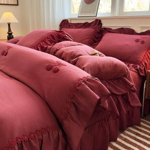 法式复古高端全棉床盖四件套酒红色花边樱桃被套纯棉结婚喜庆床品